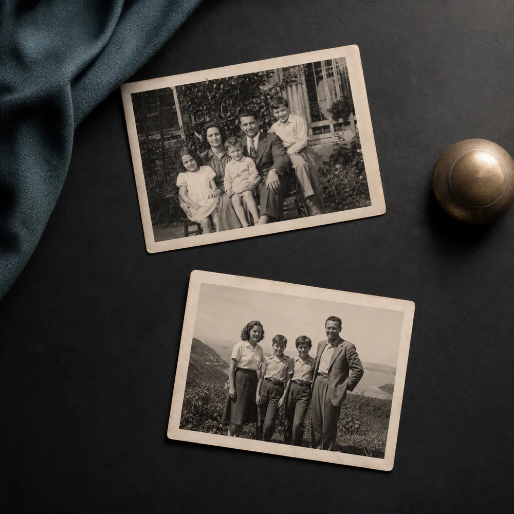 Dos fotografías familiares antiguas sobre una mesa de restauración