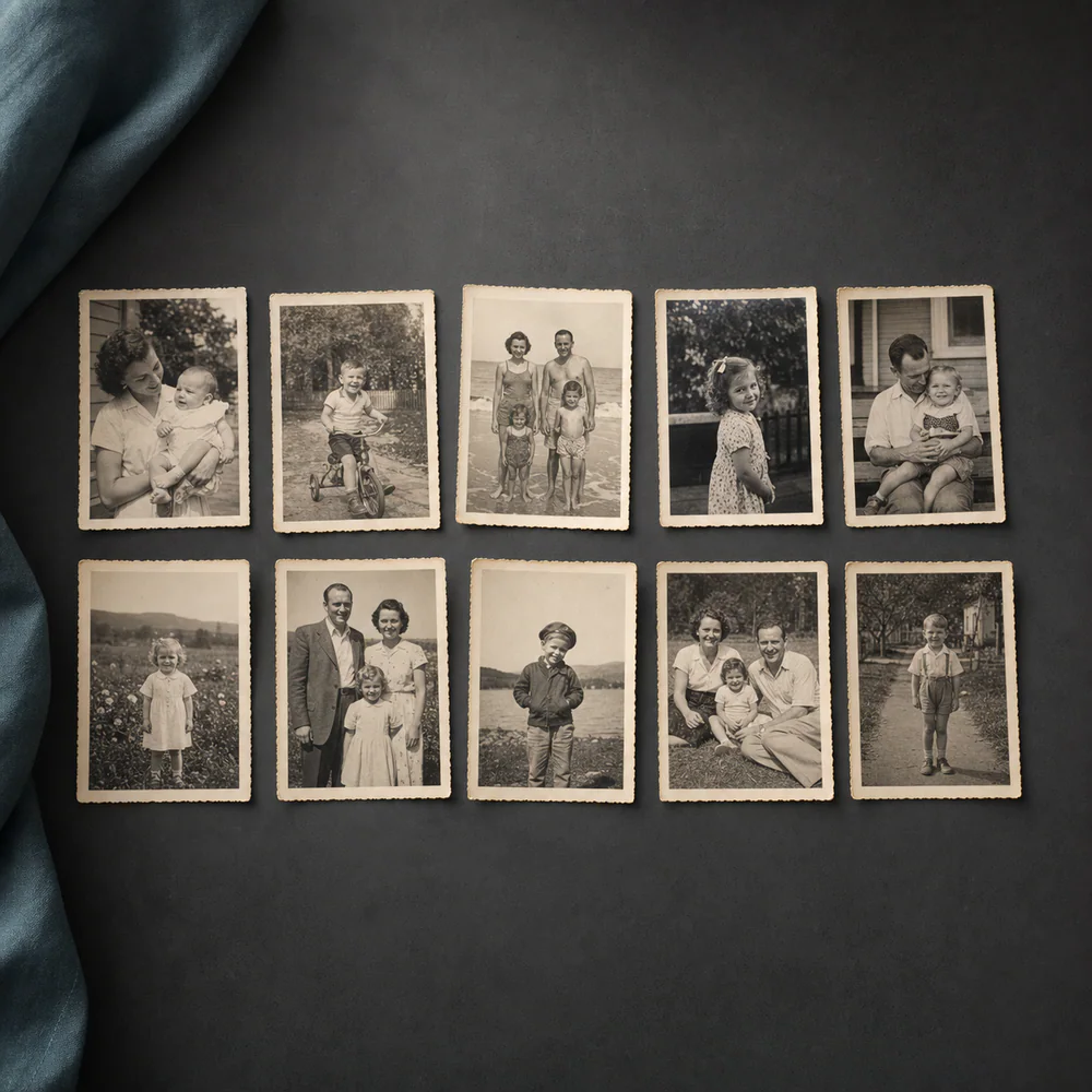 Diez fotografías familiares antiguas sobre una mesa de restauración
