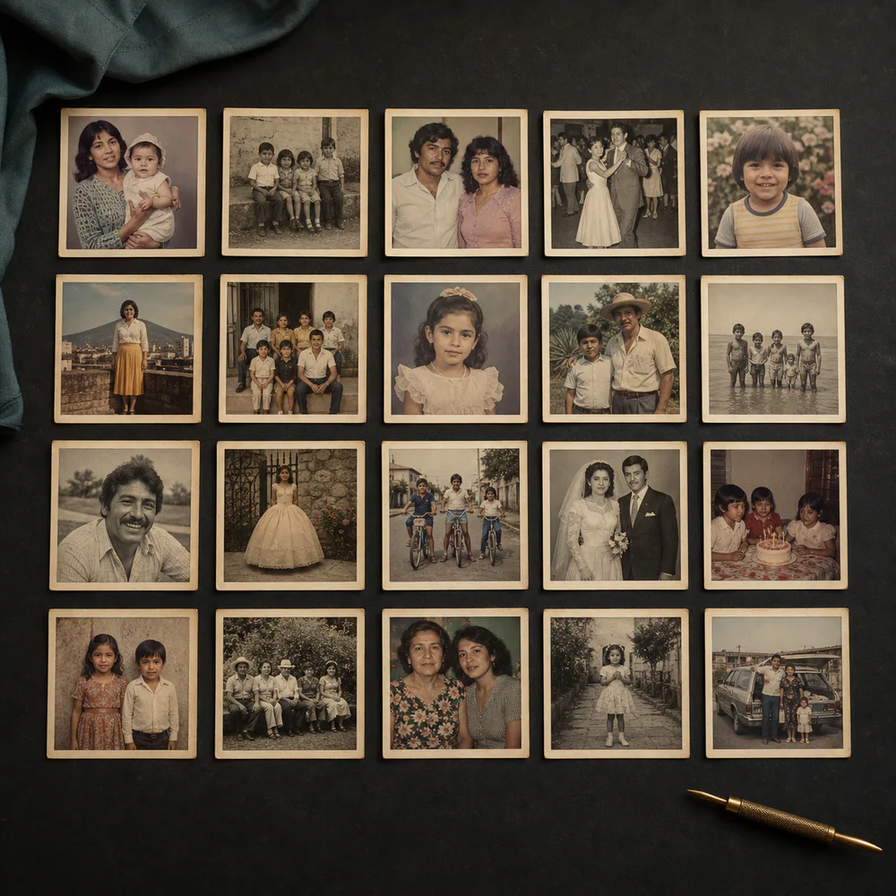 Veinte fotografías familiares antiguas sobre una mesa de restauración